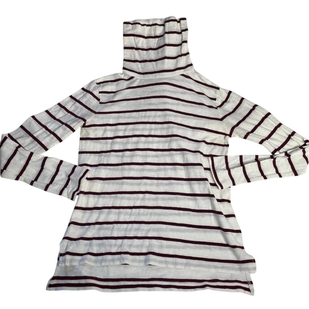 Madewell Womens XXS White Burgundy Striped Cotton Turtleneck Long Sleeve Top